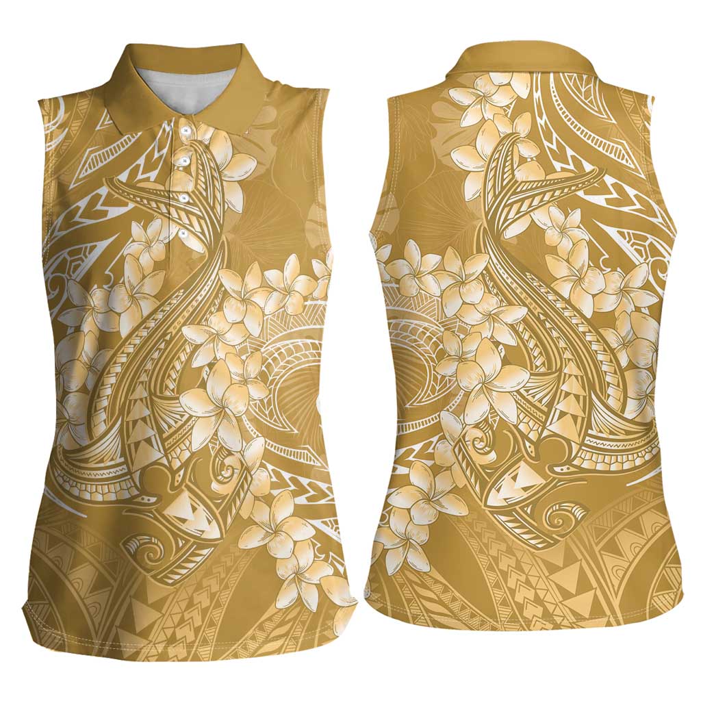 Yellow Polynesia Hammerhead Shark Tattoo With Plumeria Lei Women Sleeveless Polo Shirt