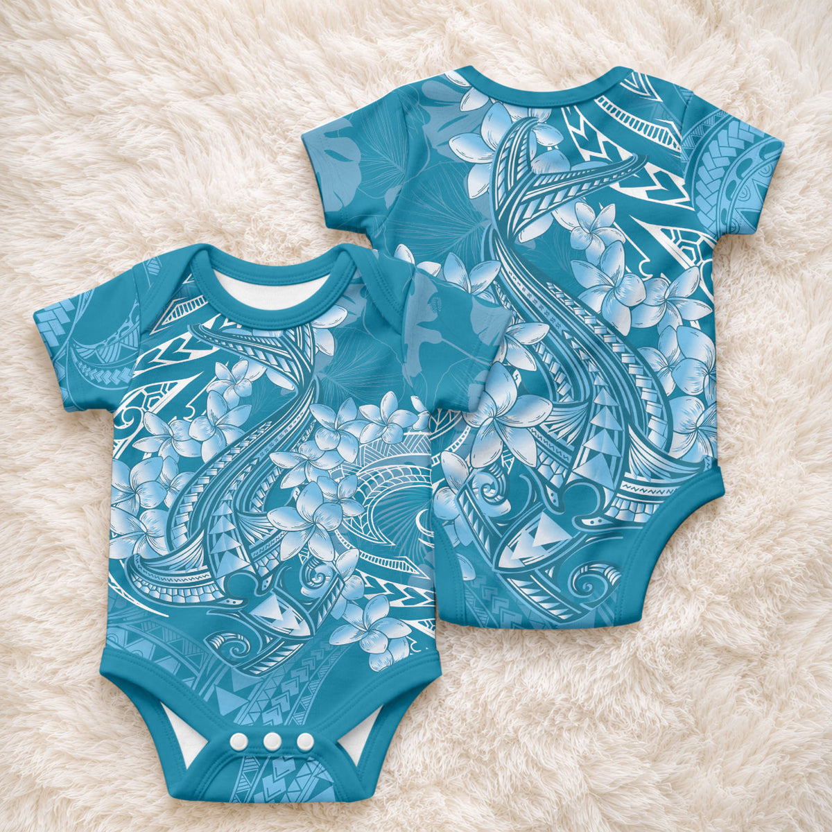 Blue Polynesia Hammerhead Shark Tattoo With Plumeria Lei Baby Onesie LT14 - Polynesian Pride