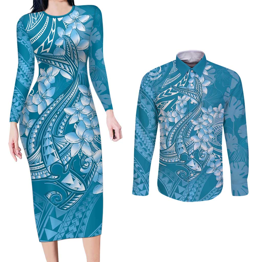 Blue Polynesia Hammerhead Shark Tattoo With Plumeria Lei Couples Matching Long Sleeve Bodycon Dress and Long Sleeve Button Shirt