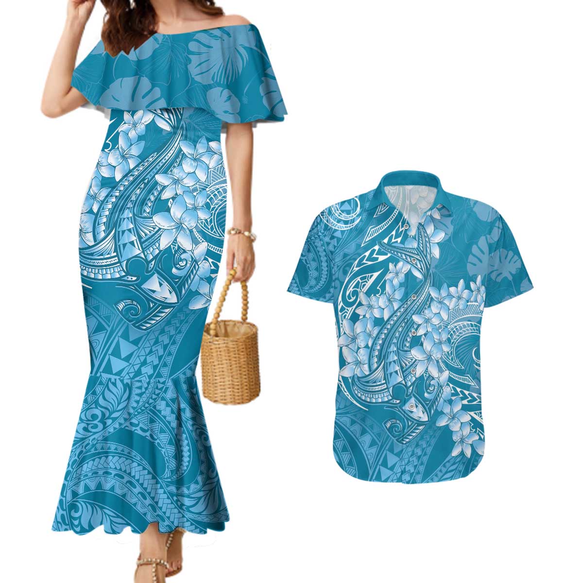 Blue Polynesia Hammerhead Shark Tattoo With Plumeria Lei Couples Matching Mermaid Dress and Hawaiian Shirt