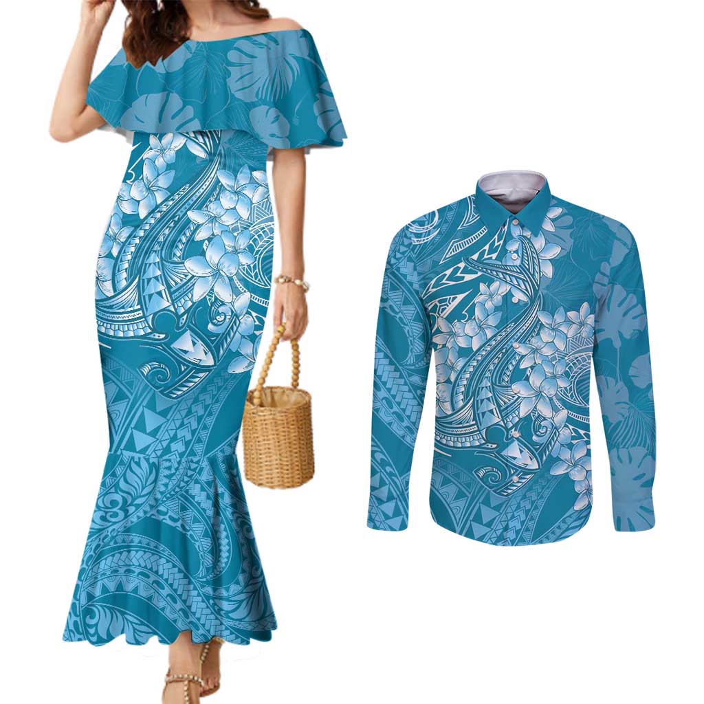 Blue Polynesia Hammerhead Shark Tattoo With Plumeria Lei Couples Matching Mermaid Dress and Long Sleeve Button Shirt