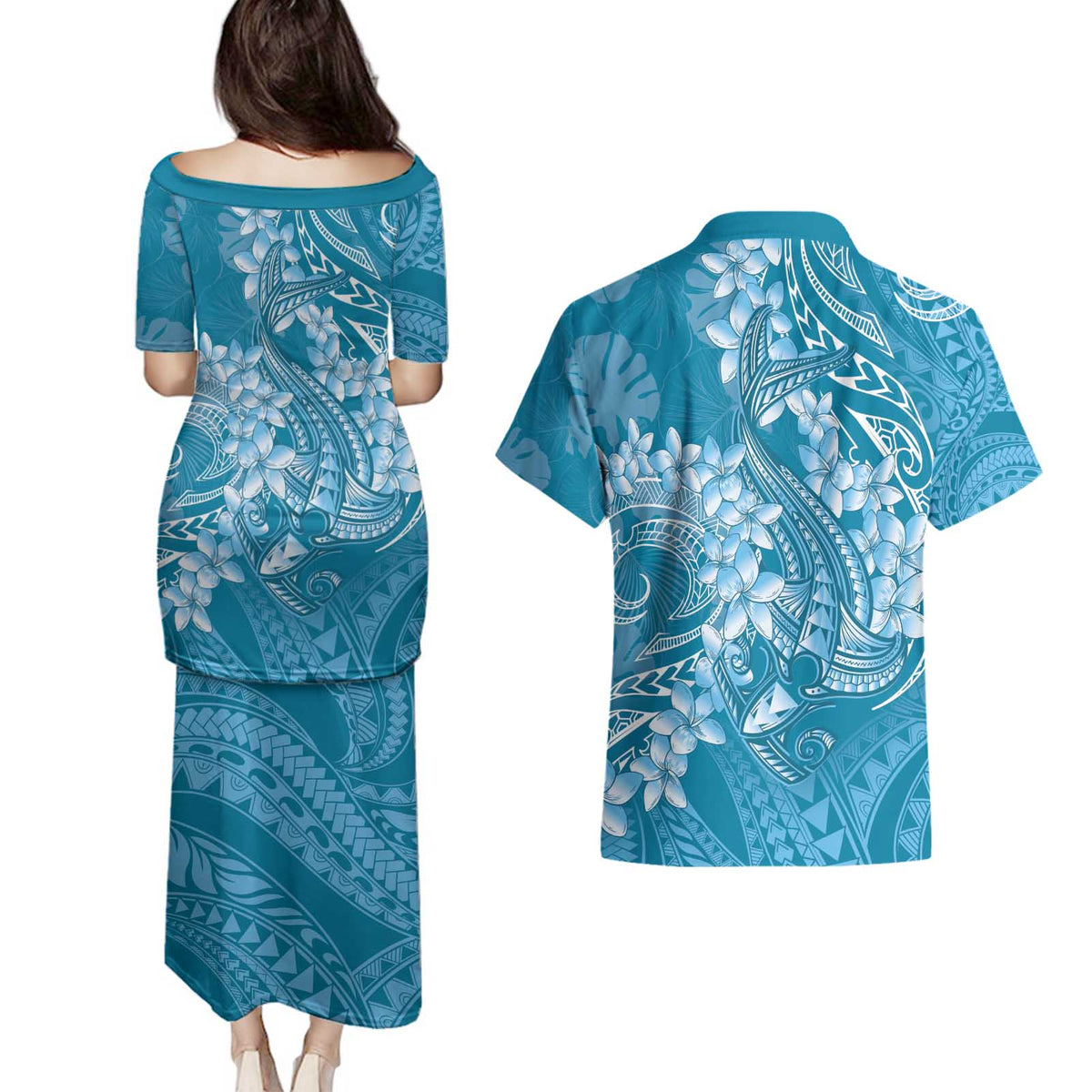 Blue Polynesia Hammerhead Shark Tattoo With Plumeria Lei Couples Matching Puletasi and Hawaiian Shirt