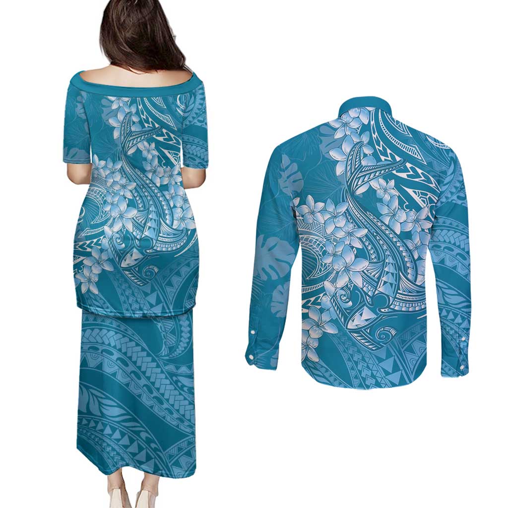 Blue Polynesia Hammerhead Shark Tattoo With Plumeria Lei Couples Matching Puletasi and Long Sleeve Button Shirt