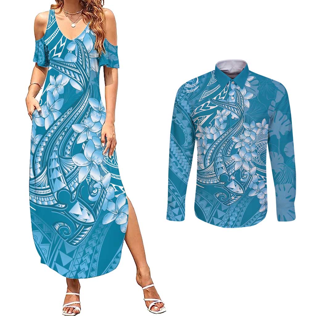 Blue Polynesia Hammerhead Shark Tattoo With Plumeria Lei Couples Matching Summer Maxi Dress and Long Sleeve Button Shirt