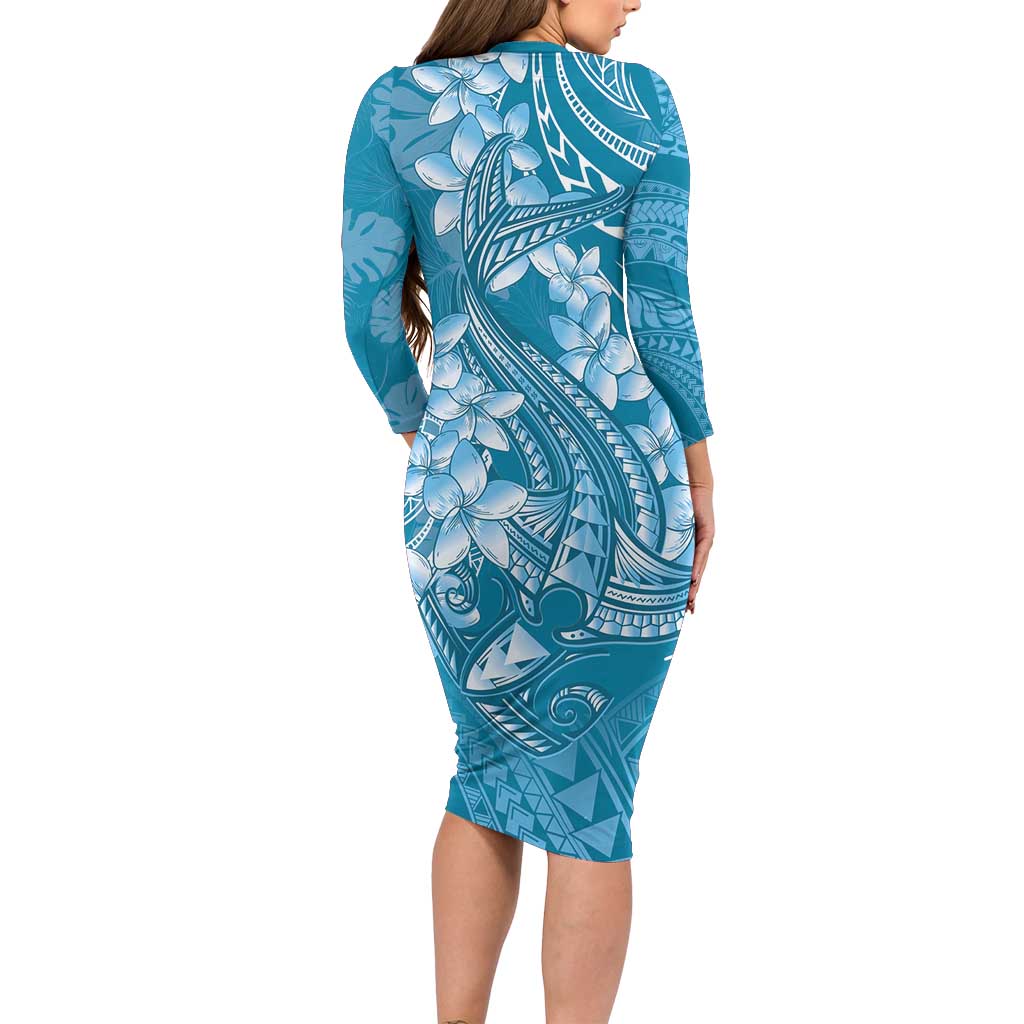 Blue Polynesia Hammerhead Shark Tattoo With Plumeria Lei Family Matching Long Sleeve Bodycon Dress and Hawaiian Shirt LT14 - Polynesian Pride