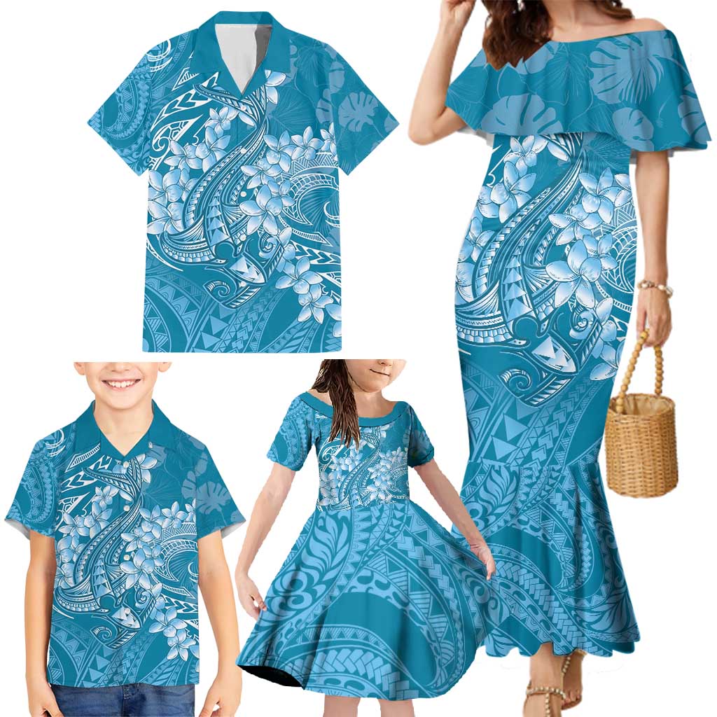 Blue Polynesia Hammerhead Shark Tattoo With Plumeria Lei Family Matching Mermaid Dress and Hawaiian Shirt LT14 - Polynesian Pride