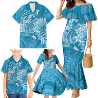 Blue Polynesia Hammerhead Shark Tattoo With Plumeria Lei Family Matching Mermaid Dress and Hawaiian Shirt LT14 - Polynesian Pride