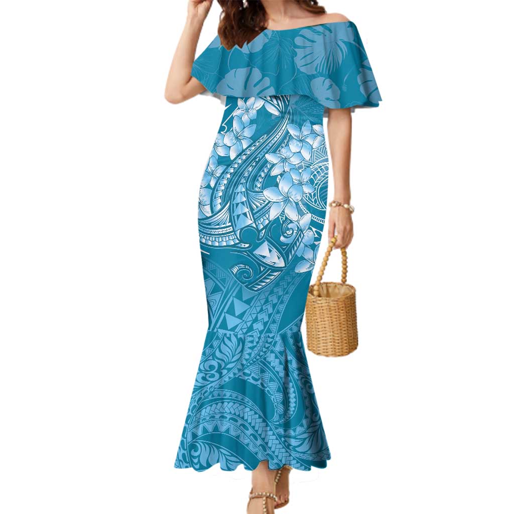 Blue Polynesia Hammerhead Shark Tattoo With Plumeria Lei Family Matching Mermaid Dress and Hawaiian Shirt LT14 Mom's Dress Blue - Polynesian Pride