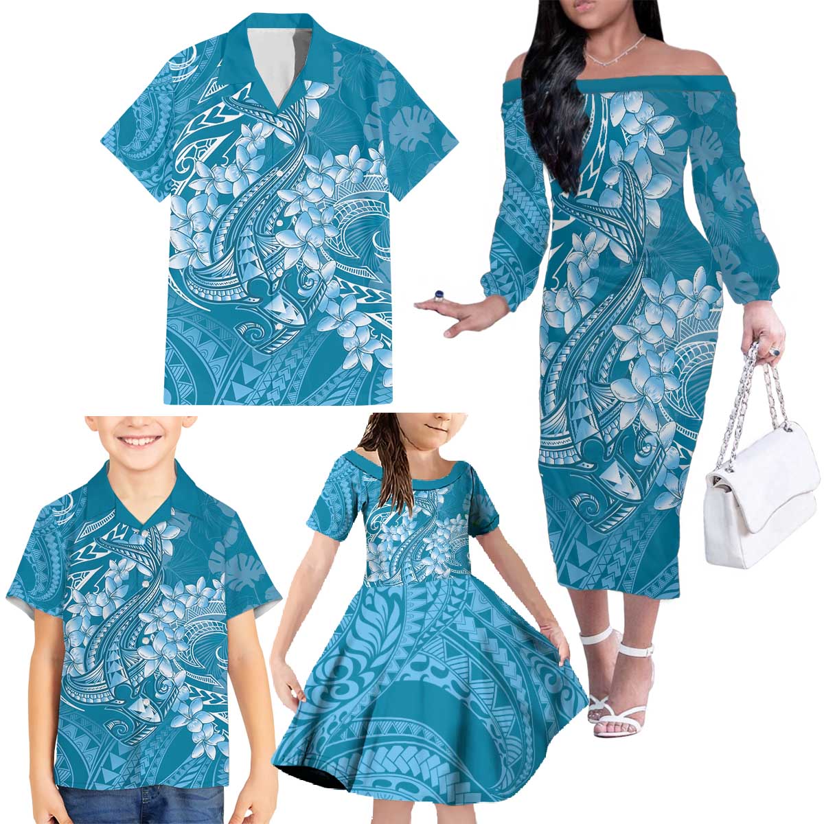 Blue Polynesia Hammerhead Shark Tattoo With Plumeria Lei Family Matching Off The Shoulder Long Sleeve Dress and Hawaiian Shirt LT14 - Polynesian Pride