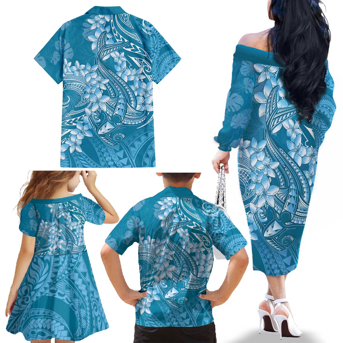 Blue Polynesia Hammerhead Shark Tattoo With Plumeria Lei Family Matching Off The Shoulder Long Sleeve Dress and Hawaiian Shirt LT14 - Polynesian Pride