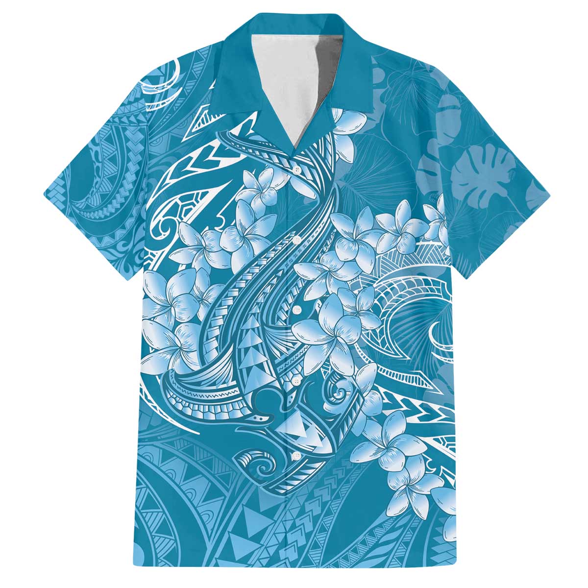 Blue Polynesia Hammerhead Shark Tattoo With Plumeria Lei Family Matching Off The Shoulder Long Sleeve Dress and Hawaiian Shirt LT14 Dad's Shirt - Short Sleeve Blue - Polynesian Pride