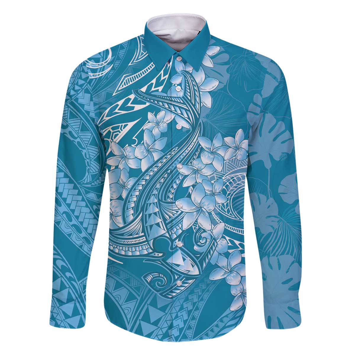 Blue Polynesia Hammerhead Shark Tattoo With Plumeria Lei Family Matching Off The Shoulder Long Sleeve Dress and Hawaiian Shirt LT14 Dad's Shirt - Long Sleeve Blue - Polynesian Pride