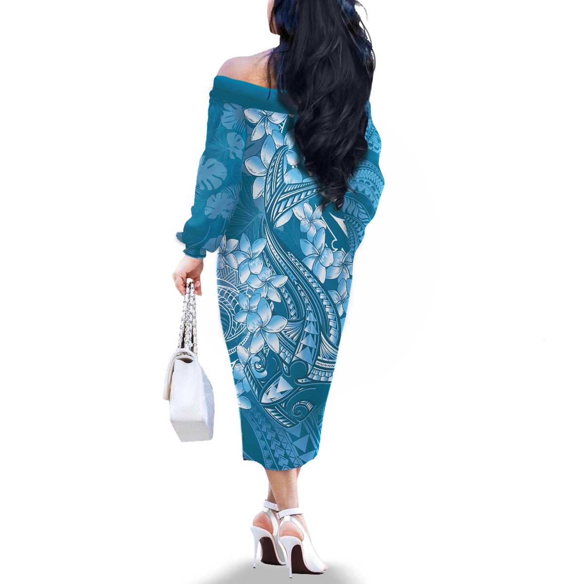 Blue Polynesia Hammerhead Shark Tattoo With Plumeria Lei Family Matching Off The Shoulder Long Sleeve Dress and Hawaiian Shirt LT14 - Polynesian Pride