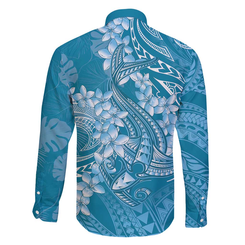 Blue Polynesia Hammerhead Shark Tattoo With Plumeria Lei Family Matching Off Shoulder Maxi Dress and Hawaiian Shirt