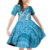 Blue Polynesia Hammerhead Shark Tattoo With Plumeria Lei Family Matching Off Shoulder Short Dress and Hawaiian Shirt LT14 Daughter's Dress Blue - Polynesian Pride