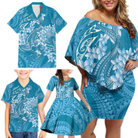 Blue Polynesia Hammerhead Shark Tattoo With Plumeria Lei Family Matching Off Shoulder Short Dress and Hawaiian Shirt LT14 - Polynesian Pride