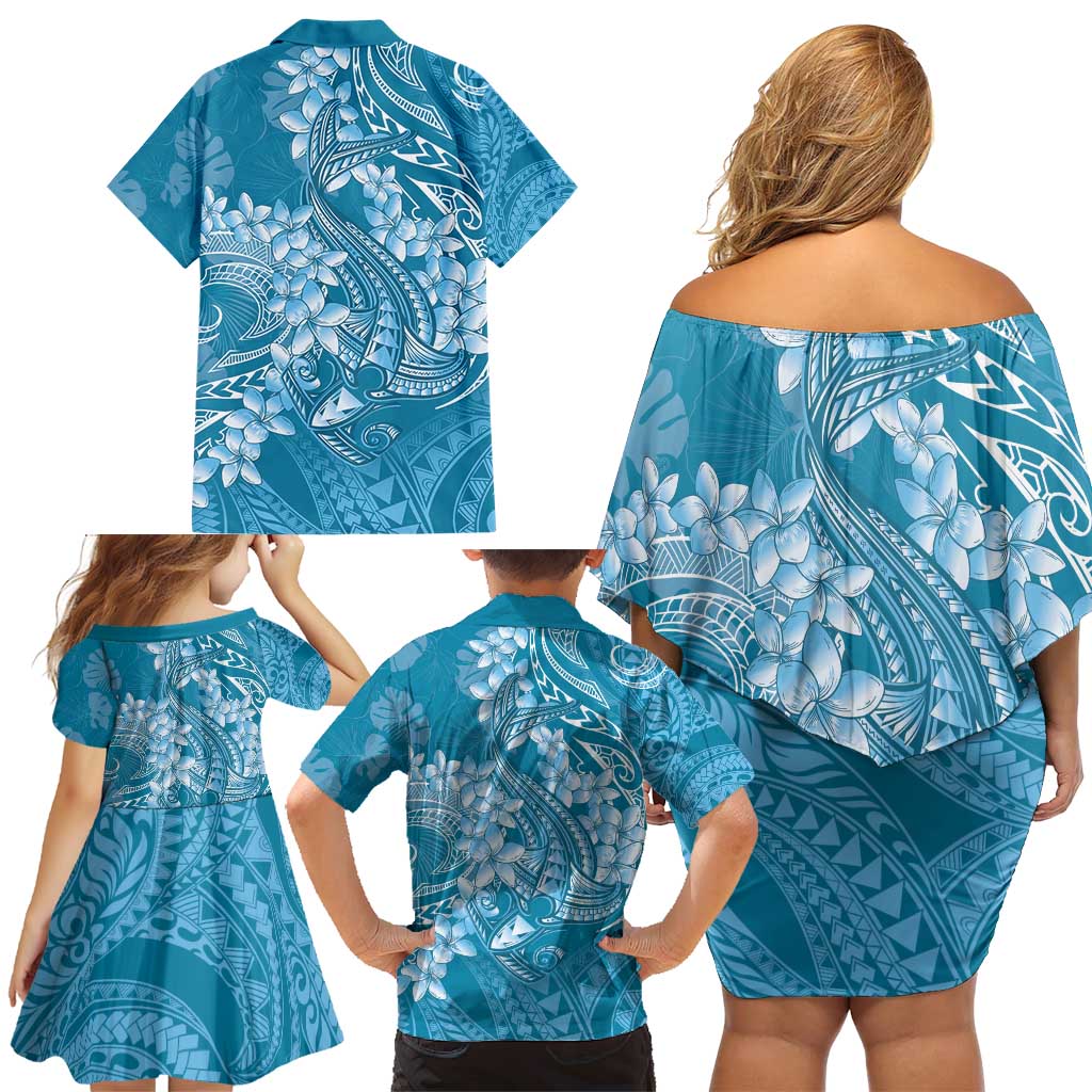 Blue Polynesia Hammerhead Shark Tattoo With Plumeria Lei Family Matching Off Shoulder Short Dress and Hawaiian Shirt LT14 - Polynesian Pride