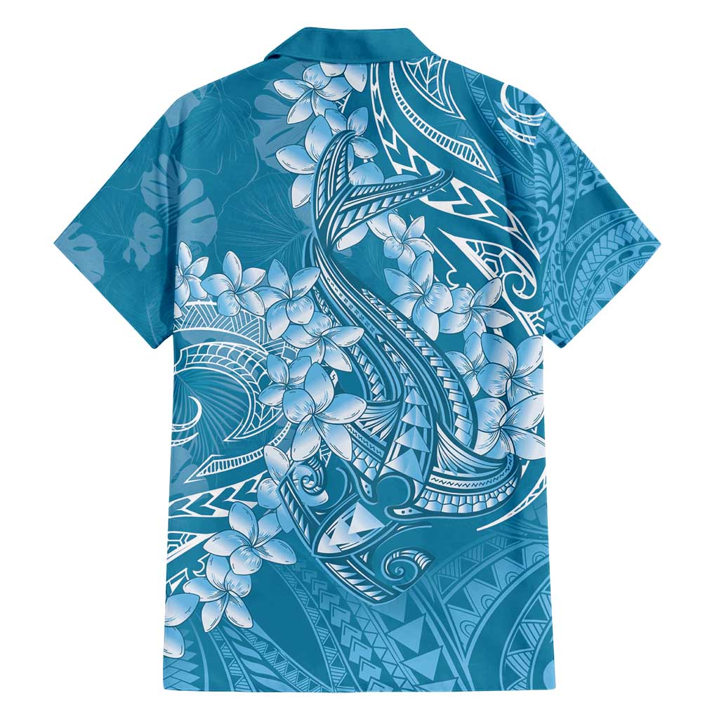 Blue Polynesia Hammerhead Shark Tattoo With Plumeria Lei Family Matching Off Shoulder Short Dress and Hawaiian Shirt LT14 - Polynesian Pride