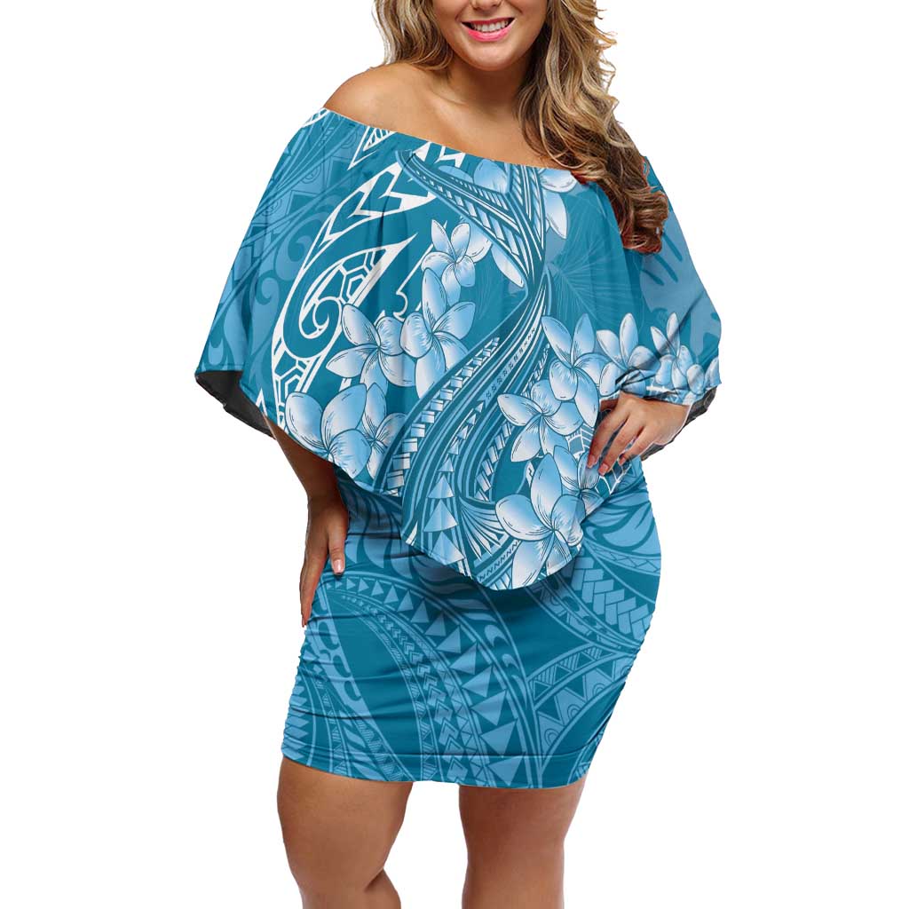 Blue Polynesia Hammerhead Shark Tattoo With Plumeria Lei Family Matching Off Shoulder Short Dress and Hawaiian Shirt LT14 Mom's Dress Blue - Polynesian Pride