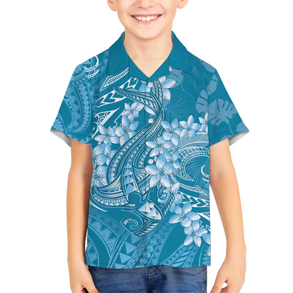Blue Polynesia Hammerhead Shark Tattoo With Plumeria Lei Family Matching Off Shoulder Short Dress and Hawaiian Shirt LT14 Son's Shirt Blue - Polynesian Pride