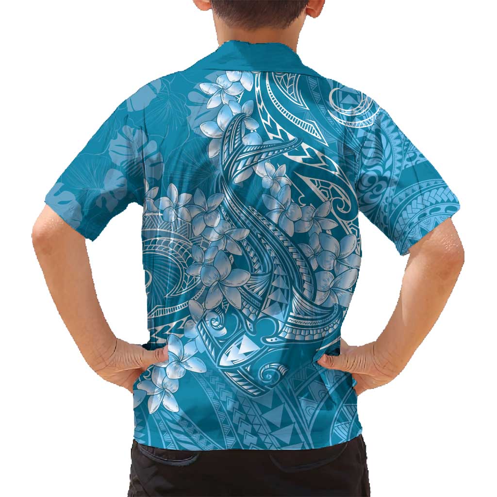 Blue Polynesia Hammerhead Shark Tattoo With Plumeria Lei Family Matching Puletasi and Hawaiian Shirt