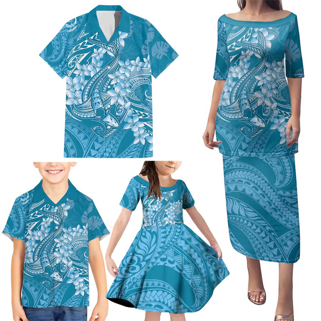 Blue Polynesia Hammerhead Shark Tattoo With Plumeria Lei Family Matching Puletasi and Hawaiian Shirt