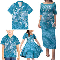 Blue Polynesia Hammerhead Shark Tattoo With Plumeria Lei Family Matching Puletasi and Hawaiian Shirt