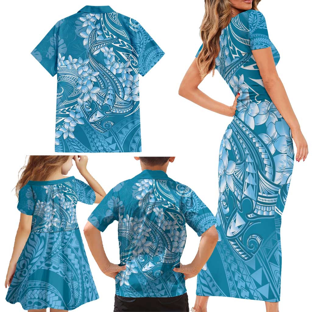 Blue Polynesia Hammerhead Shark Tattoo With Plumeria Lei Family Matching Short Sleeve Bodycon Dress and Hawaiian Shirt LT14 - Polynesian Pride
