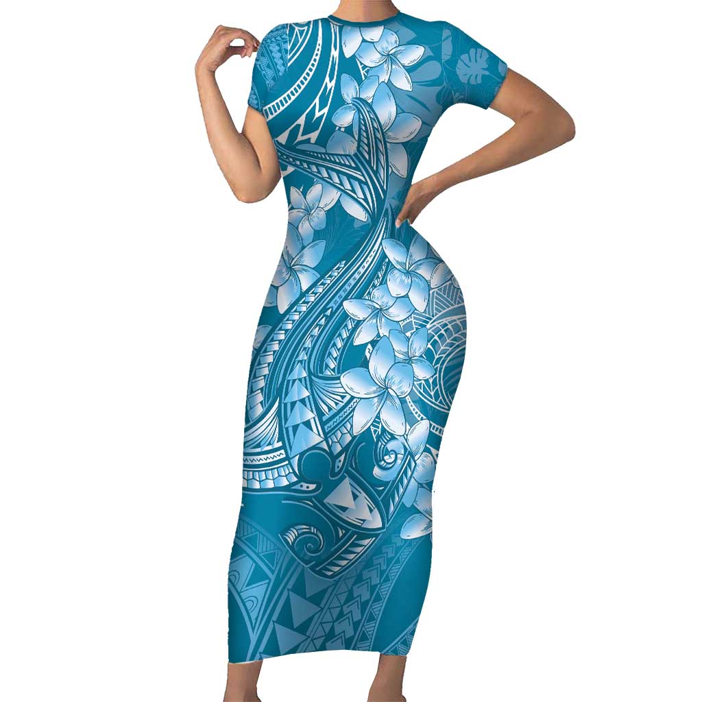 Blue Polynesia Hammerhead Shark Tattoo With Plumeria Lei Family Matching Short Sleeve Bodycon Dress and Hawaiian Shirt LT14 Mom's Dress Blue - Polynesian Pride