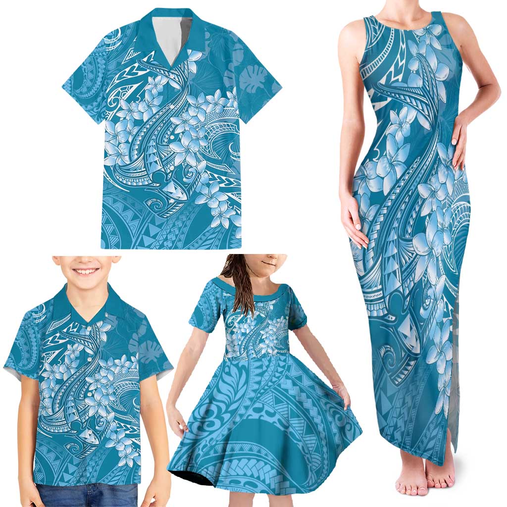 Blue Polynesia Hammerhead Shark Tattoo With Plumeria Lei Family Matching Tank Maxi Dress and Hawaiian Shirt LT14 - Polynesian Pride