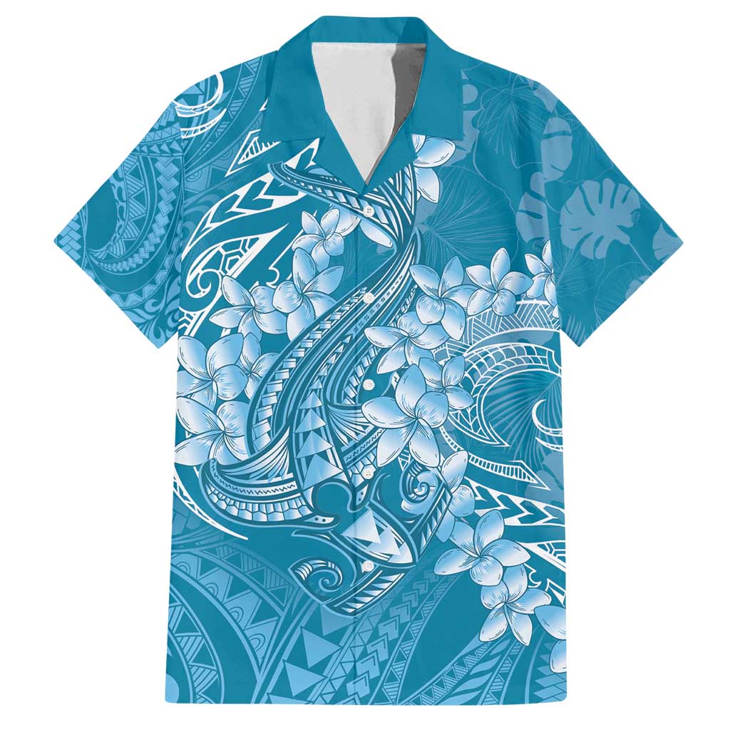 Blue Polynesia Hammerhead Shark Tattoo With Plumeria Lei Family Matching Tank Maxi Dress and Hawaiian Shirt LT14 Dad's Shirt - Short Sleeve Blue - Polynesian Pride