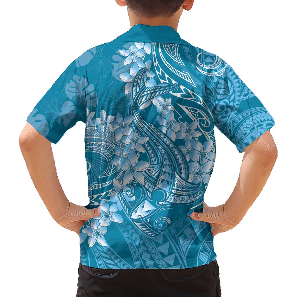 Blue Polynesia Hammerhead Shark Tattoo With Plumeria Lei Hawaiian Shirt