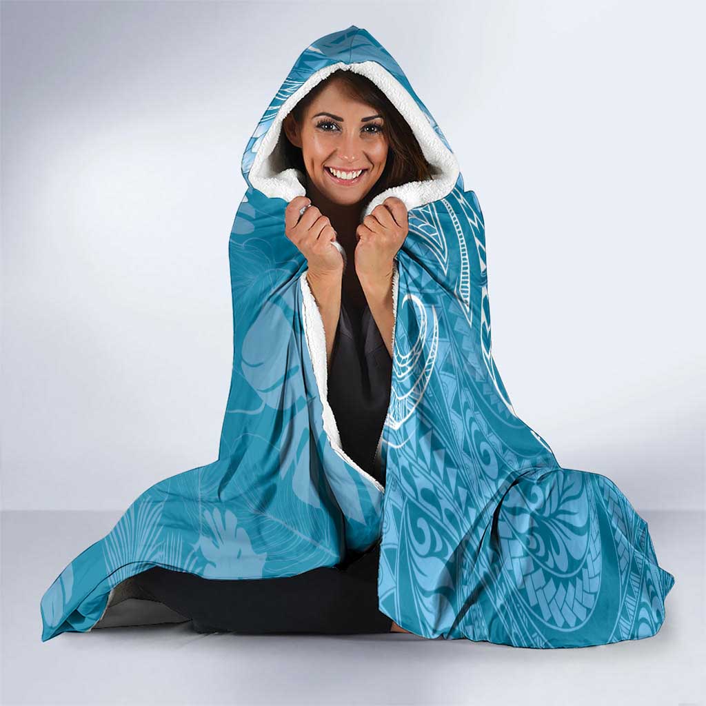 Blue Polynesia Hammerhead Shark Tattoo With Plumeria Lei Hooded Blanket
