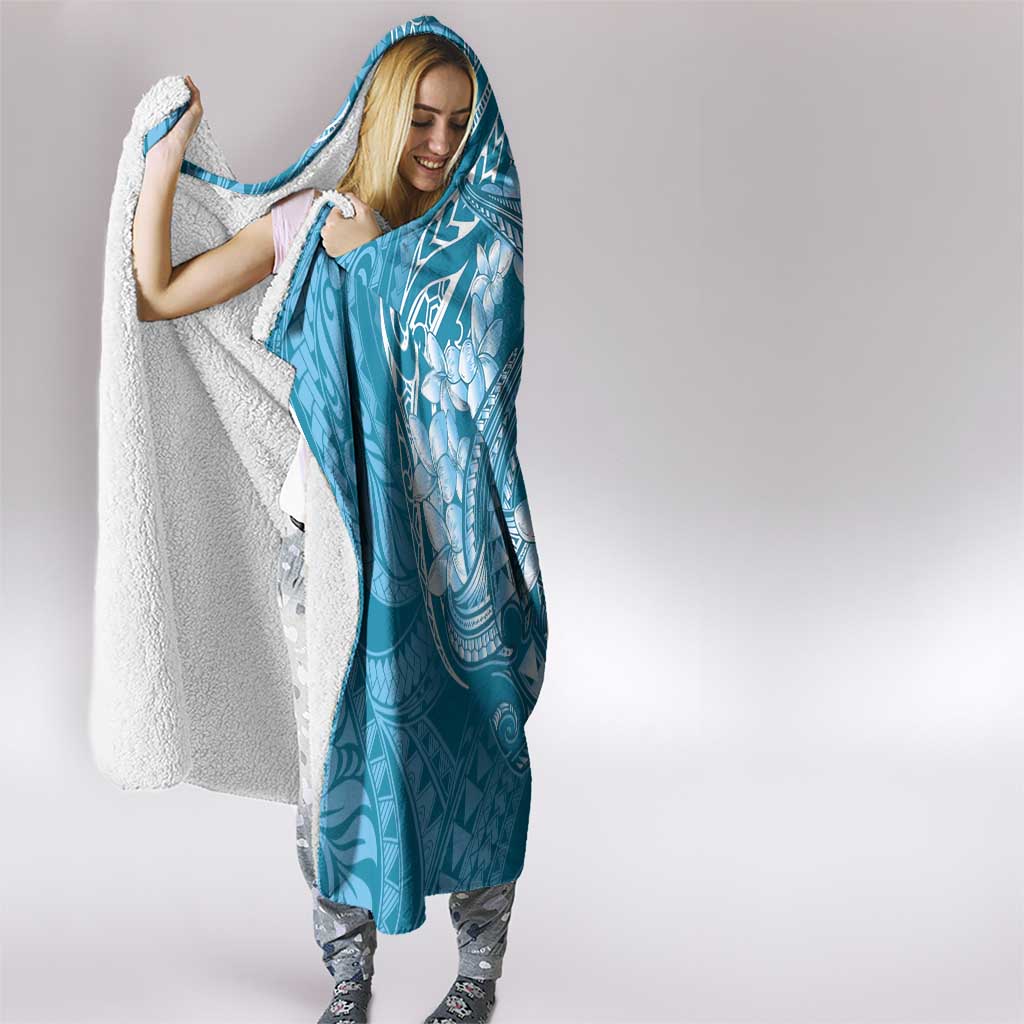 Blue Polynesia Hammerhead Shark Tattoo With Plumeria Lei Hooded Blanket
