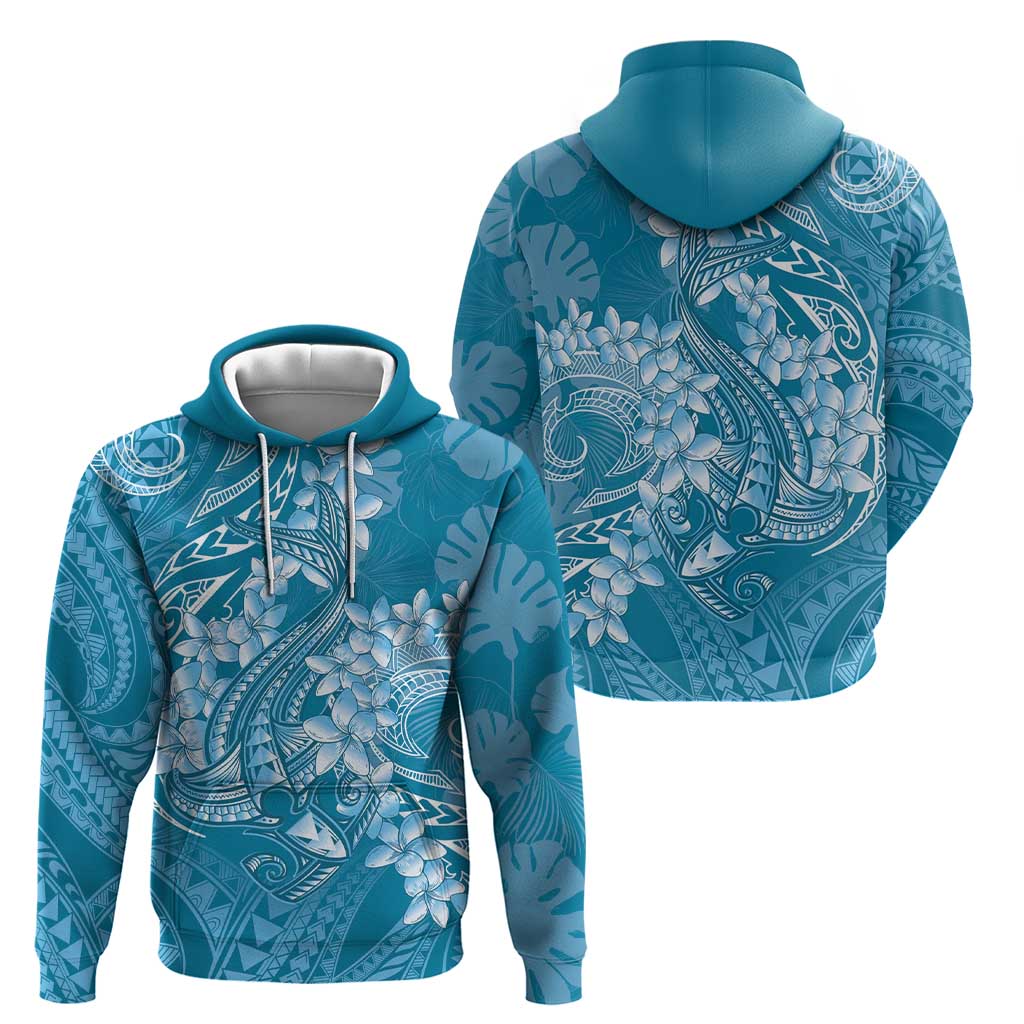 Blue Polynesia Hammerhead Shark Tattoo With Plumeria Lei Hoodie