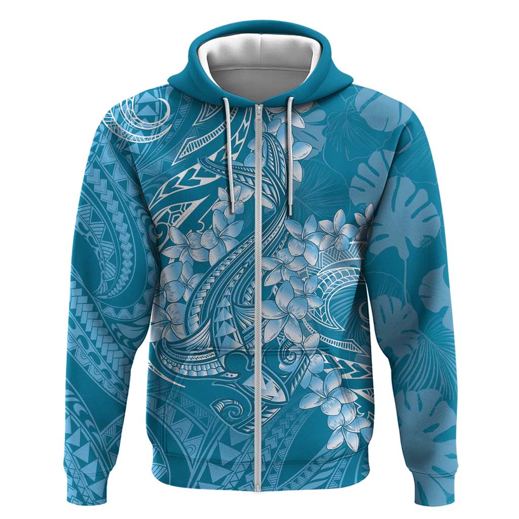 Blue Polynesia Hammerhead Shark Tattoo With Plumeria Lei Hoodie