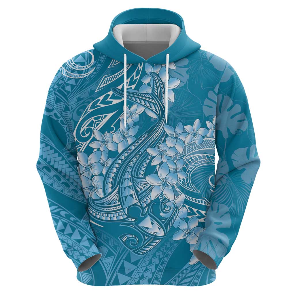 Blue Polynesia Hammerhead Shark Tattoo With Plumeria Lei Hoodie