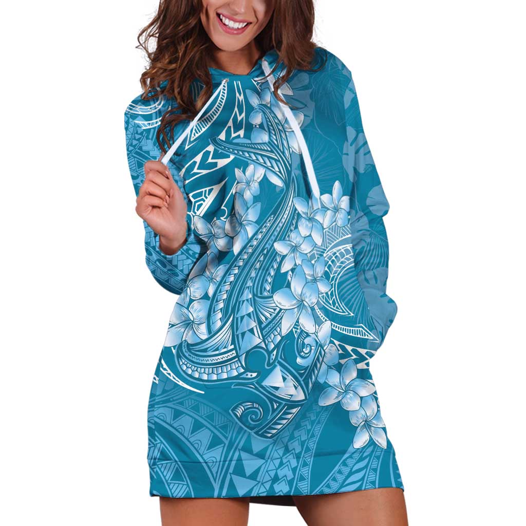 Blue Polynesia Hammerhead Shark Tattoo With Plumeria Lei Hoodie Dress