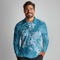 Blue Polynesia Hammerhead Shark Tattoo With Plumeria Lei Long Sleeve Polo Shirt