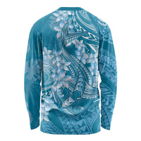 Blue Polynesia Hammerhead Shark Tattoo With Plumeria Lei Long Sleeve Shirt
