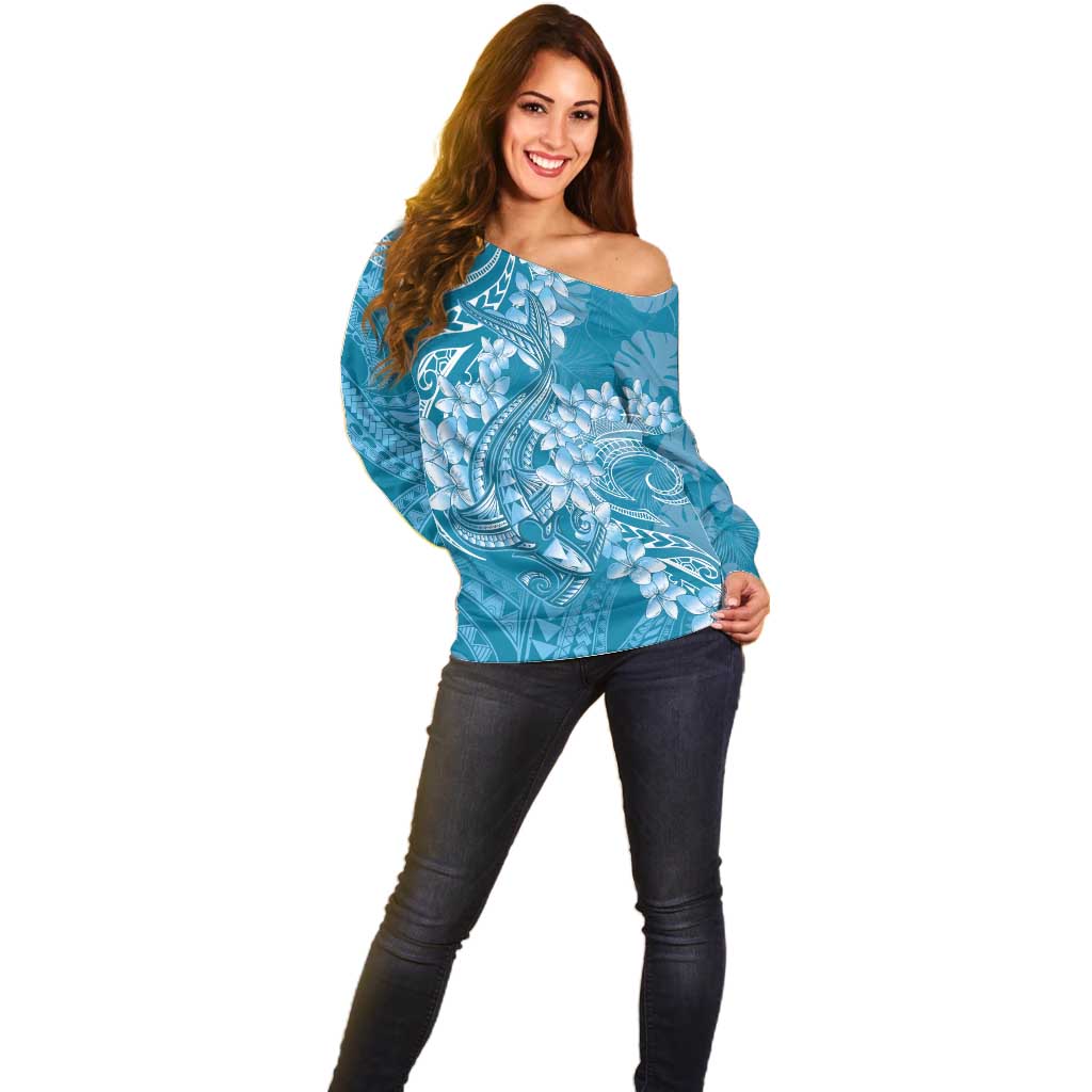 Blue Polynesia Hammerhead Shark Tattoo With Plumeria Lei Off Shoulder Sweater