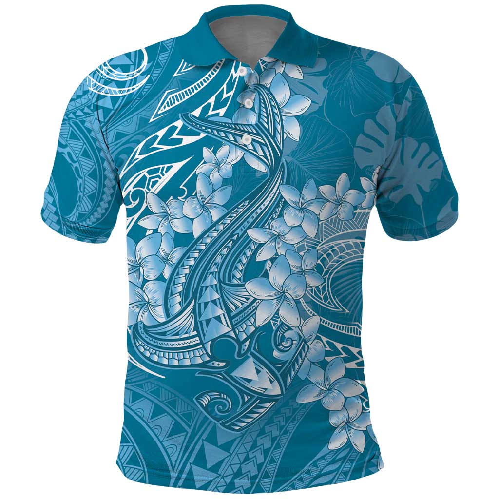 Blue Polynesia Hammerhead Shark Tattoo With Plumeria Lei Polo Shirt