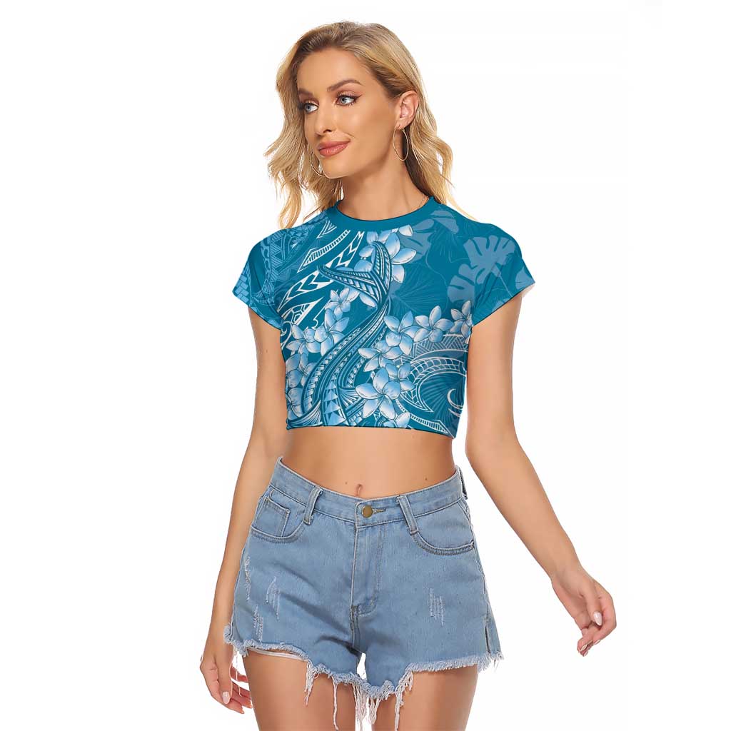 Blue Polynesia Hammerhead Shark Tattoo With Plumeria Lei Raglan Cropped T Shirt
