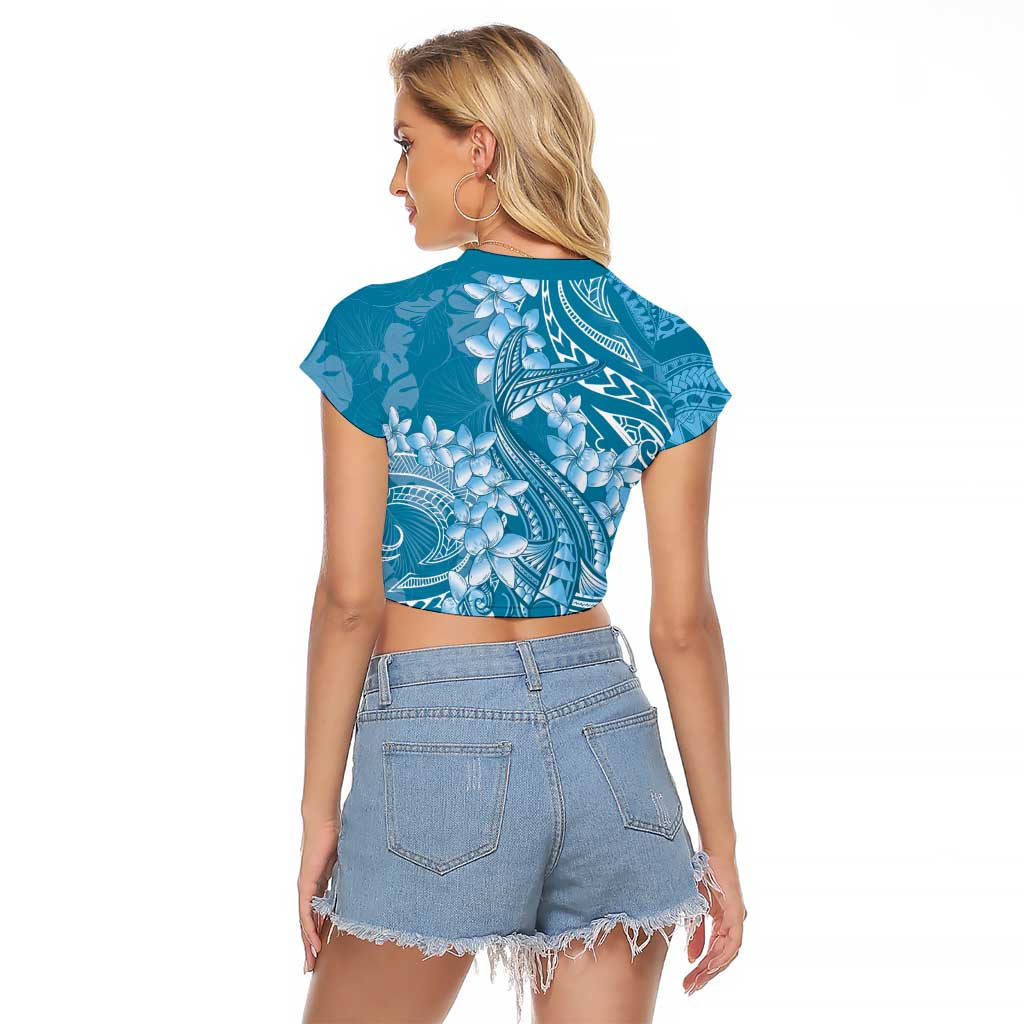 Blue Polynesia Hammerhead Shark Tattoo With Plumeria Lei Raglan Cropped T Shirt