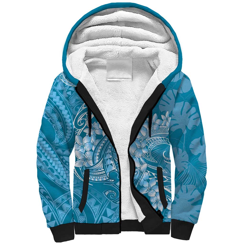 Blue Polynesia Hammerhead Shark Tattoo With Plumeria Lei Sherpa Hoodie