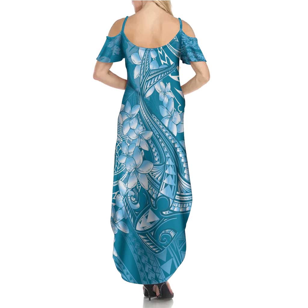 Blue Polynesia Hammerhead Shark Tattoo With Plumeria Lei Summer Maxi Dress