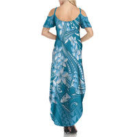 Blue Polynesia Hammerhead Shark Tattoo With Plumeria Lei Summer Maxi Dress