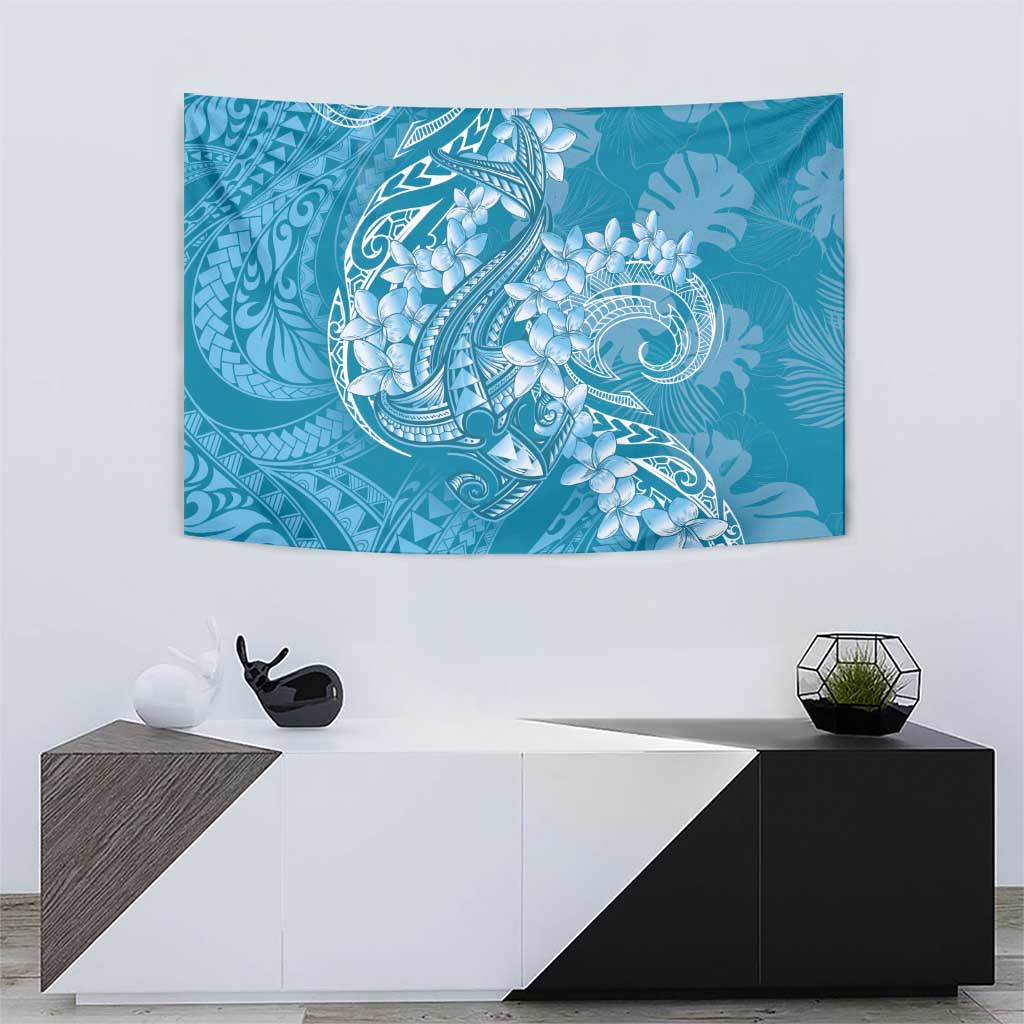 Blue Polynesia Hammerhead Shark Tattoo With Plumeria Lei Tapestry