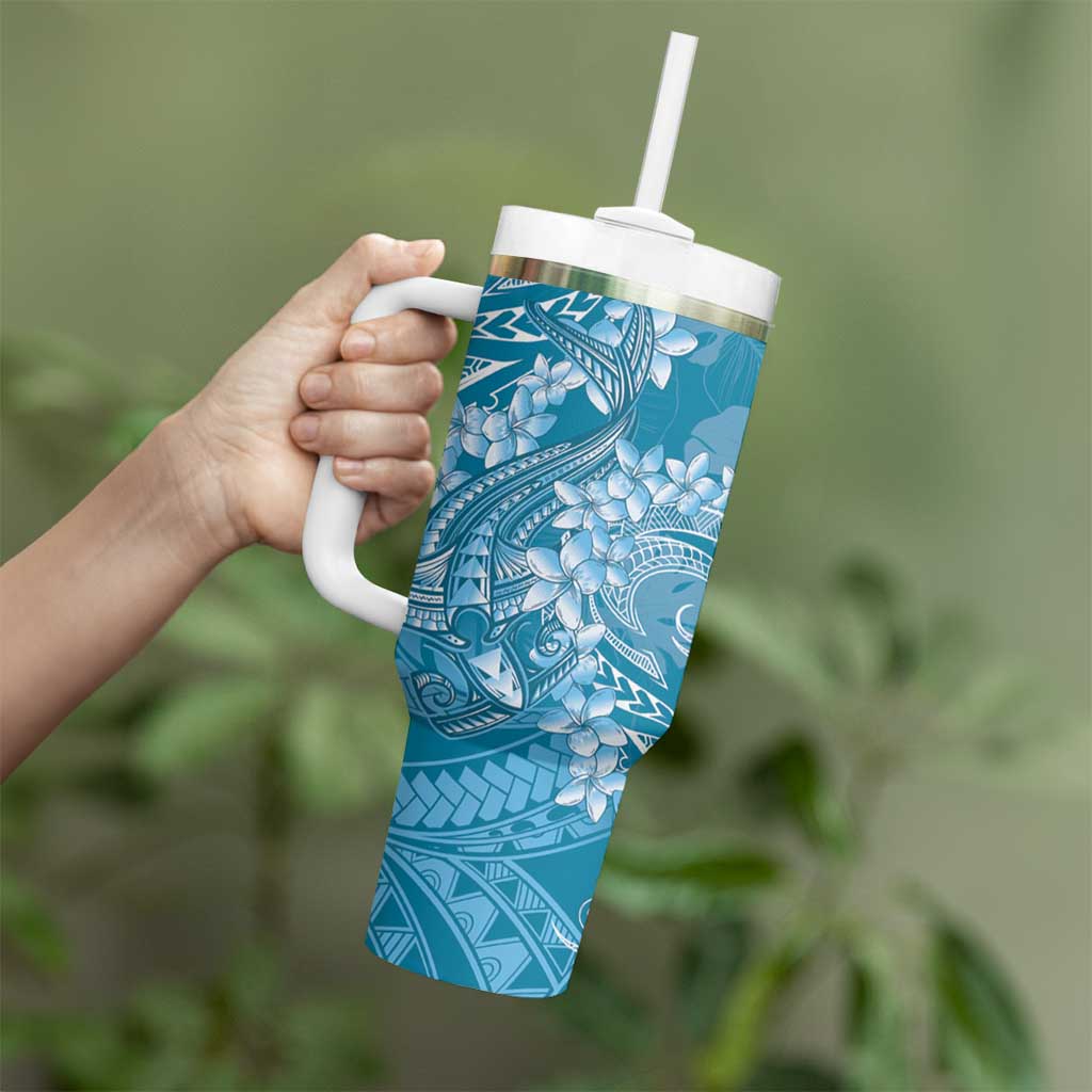 Blue Polynesia Hammerhead Shark Tattoo With Plumeria Lei Tumbler With Handle