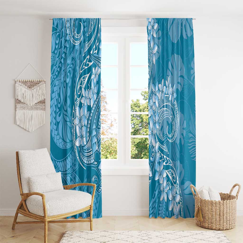 Blue Polynesia Hammerhead Shark Tattoo With Plumeria Lei Window Curtain